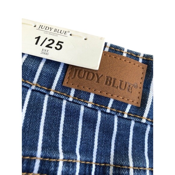 NWT Judy Blue Super Flare Ultra High Rise Jeans 1/25 Striped Blue Raw Hem Bell - Picture 9 of 12